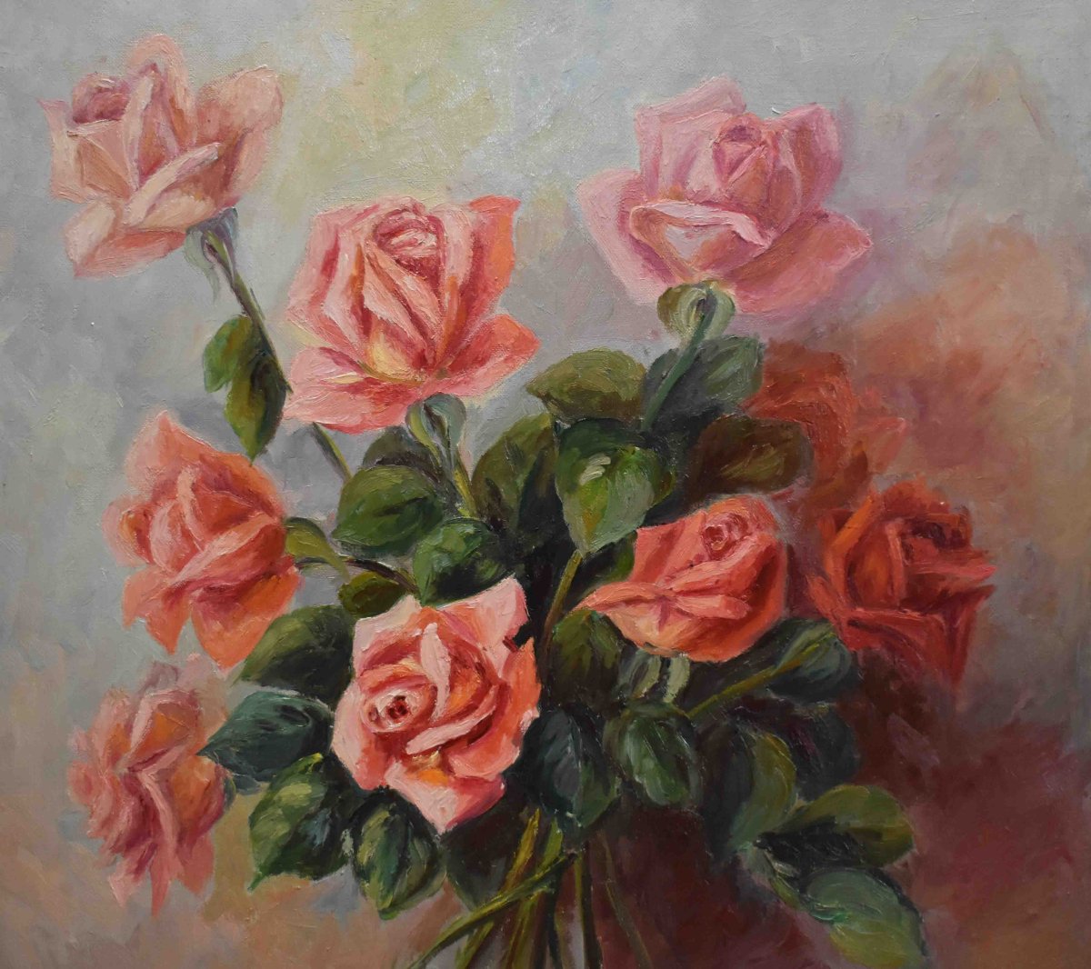 Painting Bouquet Of Flowers, Oil On Canvas Signed S. Clavaud, Still Life Painting With Roses-photo-2