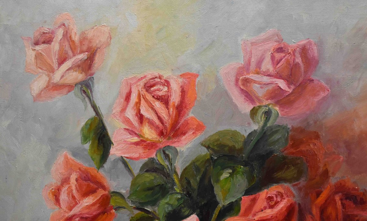 Painting Bouquet Of Flowers, Oil On Canvas Signed S. Clavaud, Still Life Painting With Roses-photo-3