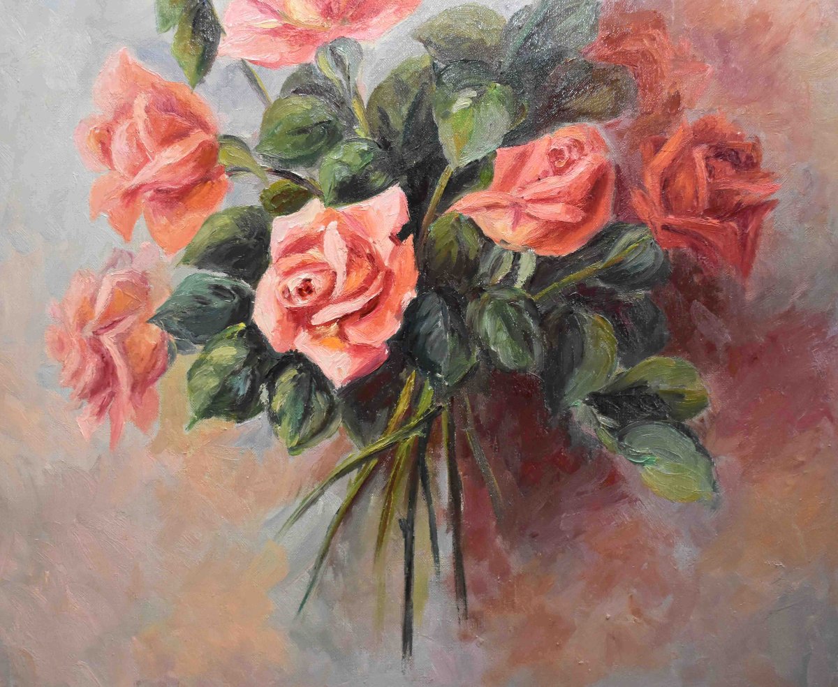 Painting Bouquet Of Flowers, Oil On Canvas Signed S. Clavaud, Still Life Painting With Roses-photo-4