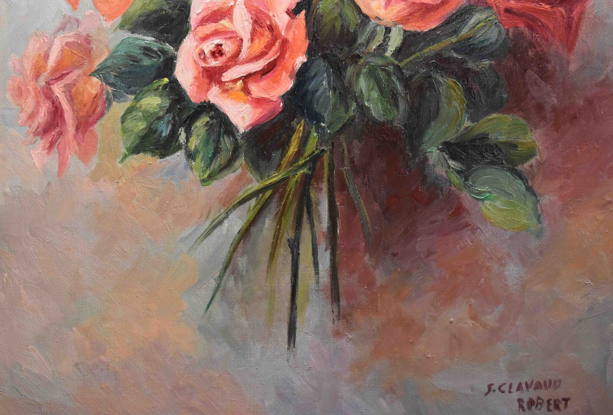 Painting Bouquet Of Flowers, Oil On Canvas Signed S. Clavaud, Still Life Painting With Roses-photo-1