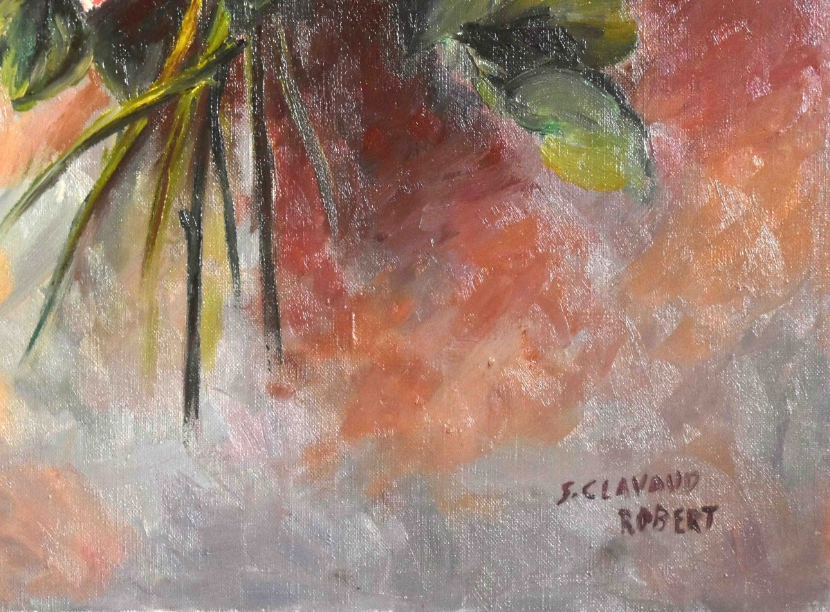 Painting Bouquet Of Flowers, Oil On Canvas Signed S. Clavaud, Still Life Painting With Roses-photo-2
