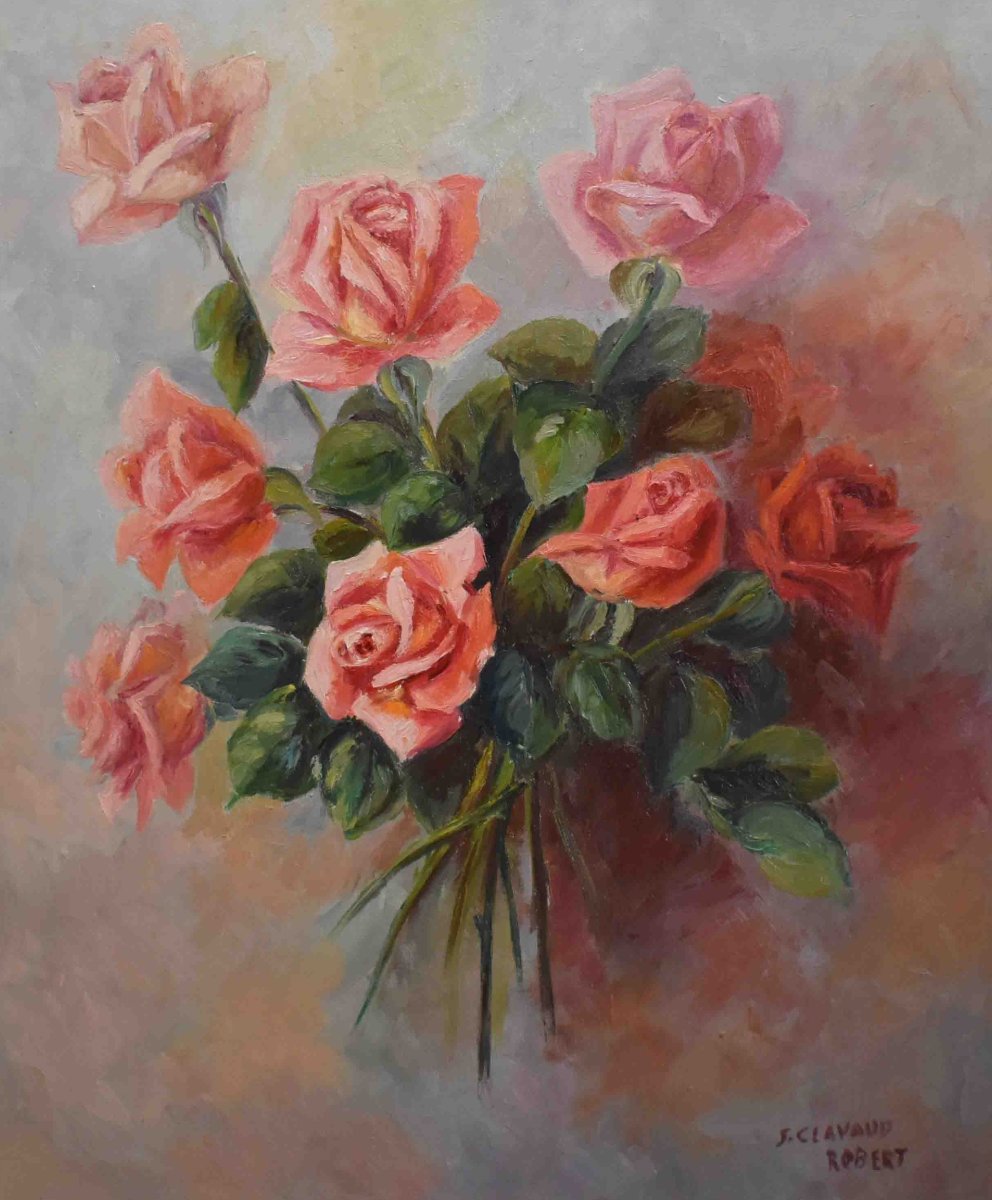 Painting Bouquet Of Flowers, Oil On Canvas Signed S. Clavaud, Still Life Painting With Roses