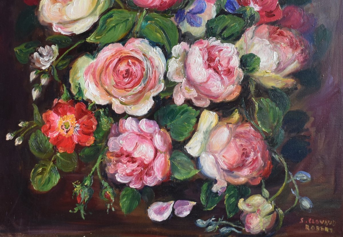 Peinture  bouquet de fleurs diverses, huile sur toile signée S. Clavaud, tableau  nature morte -photo-2