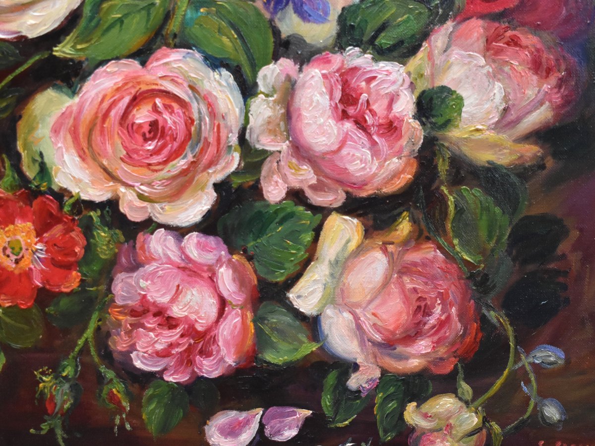 Peinture  bouquet de fleurs diverses, huile sur toile signée S. Clavaud, tableau  nature morte -photo-3