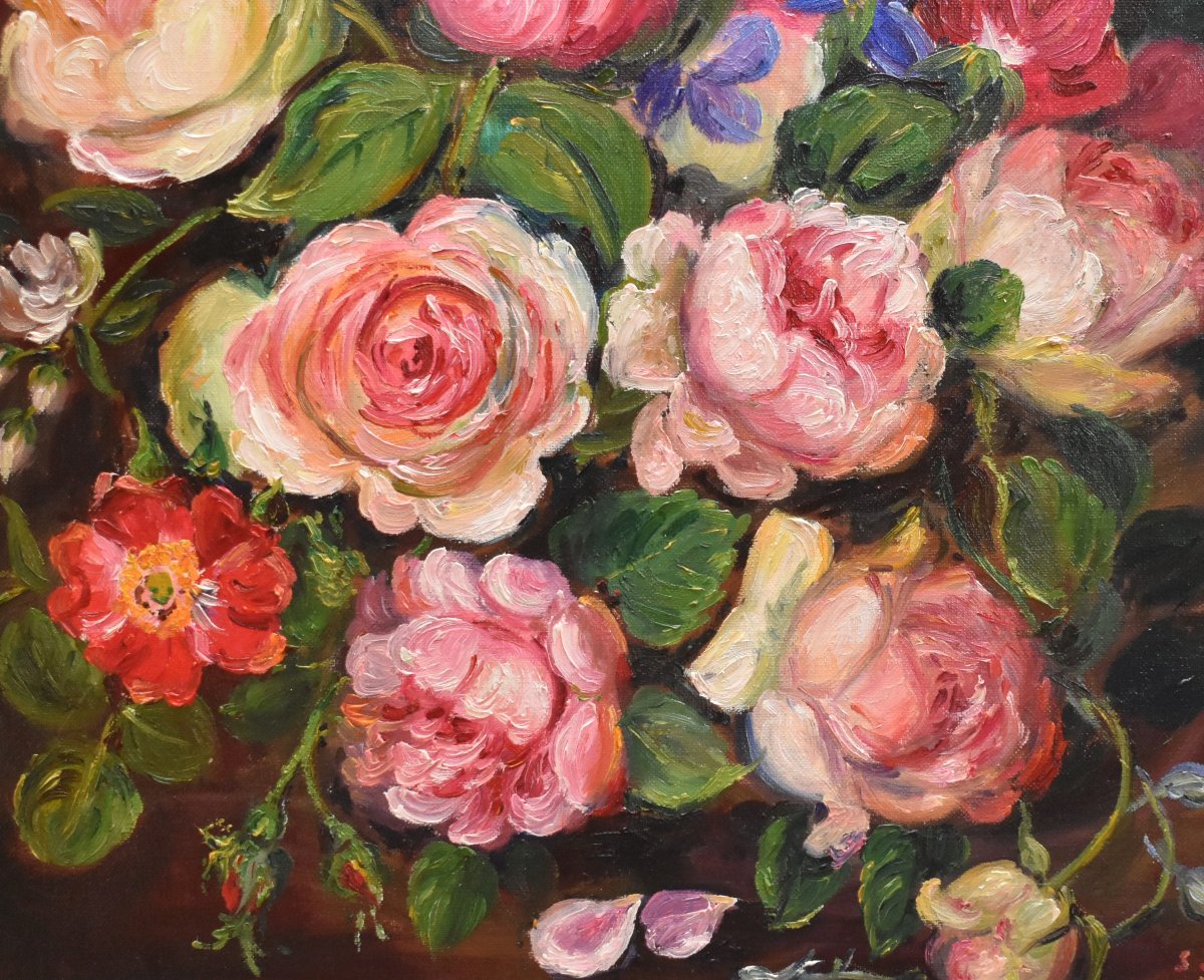 Peinture  bouquet de fleurs diverses, huile sur toile signée S. Clavaud, tableau  nature morte -photo-4