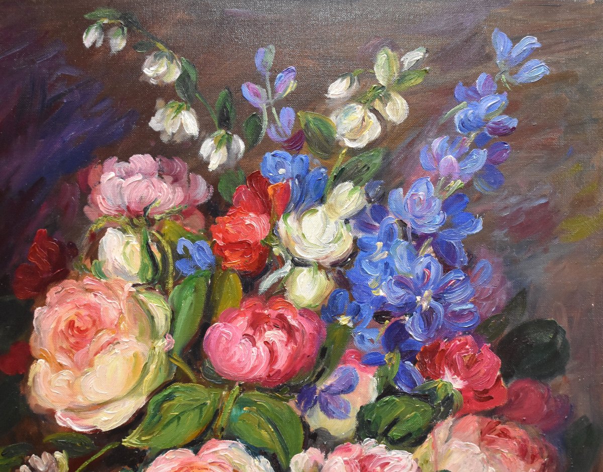Peinture  bouquet de fleurs diverses, huile sur toile signée S. Clavaud, tableau  nature morte -photo-1