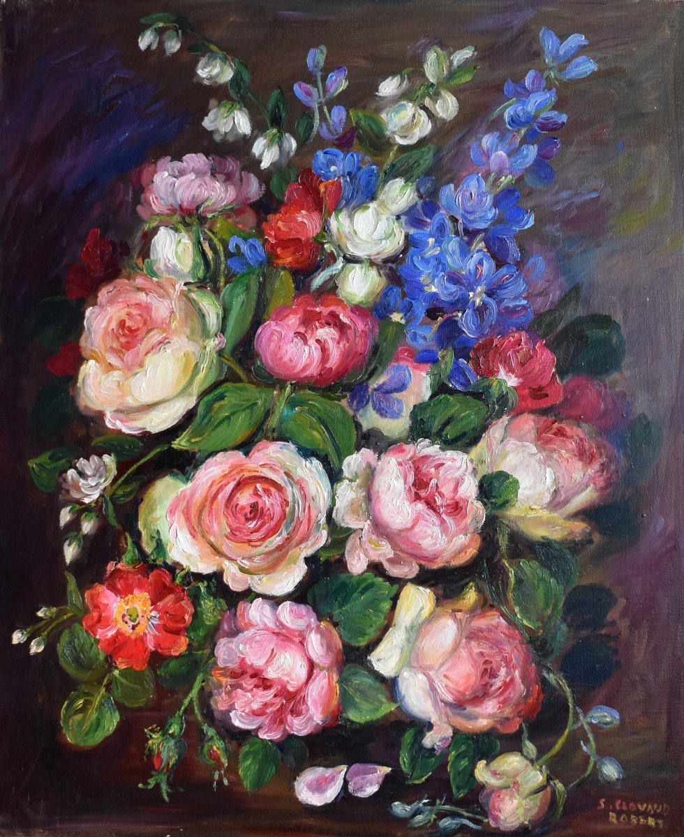 Peinture  bouquet de fleurs diverses, huile sur toile signée S. Clavaud, tableau  nature morte 