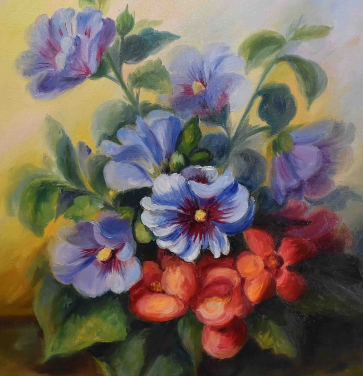 Peinture  bouquet de fleurs diverses, huile sur toile , tableau  nature morte -photo-2