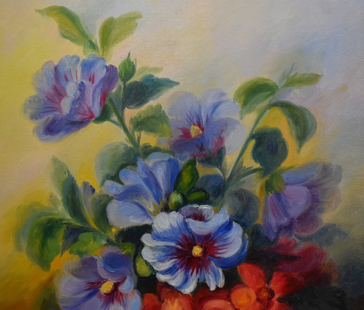 Peinture  bouquet de fleurs diverses, huile sur toile , tableau  nature morte -photo-1