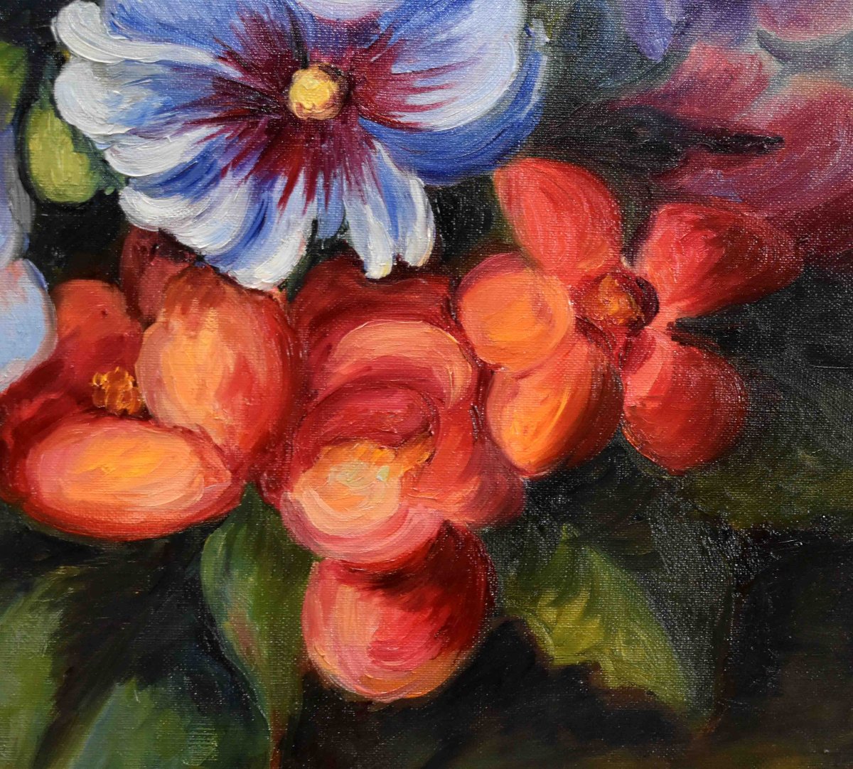 Peinture  bouquet de fleurs diverses, huile sur toile , tableau  nature morte -photo-2