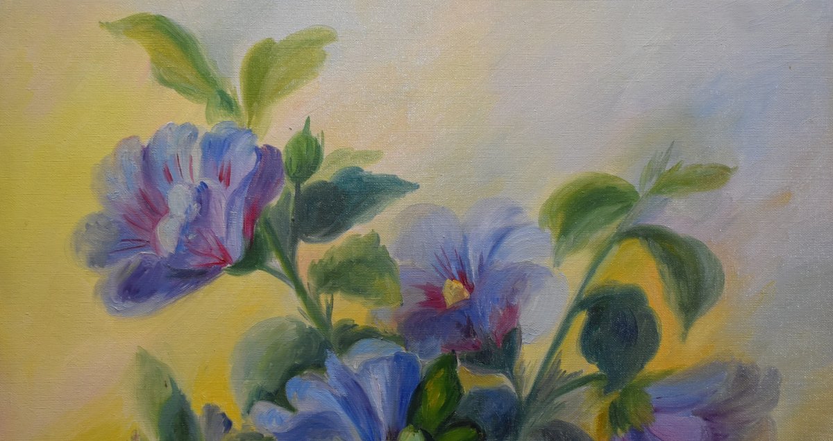 Peinture  bouquet de fleurs diverses, huile sur toile , tableau  nature morte -photo-3