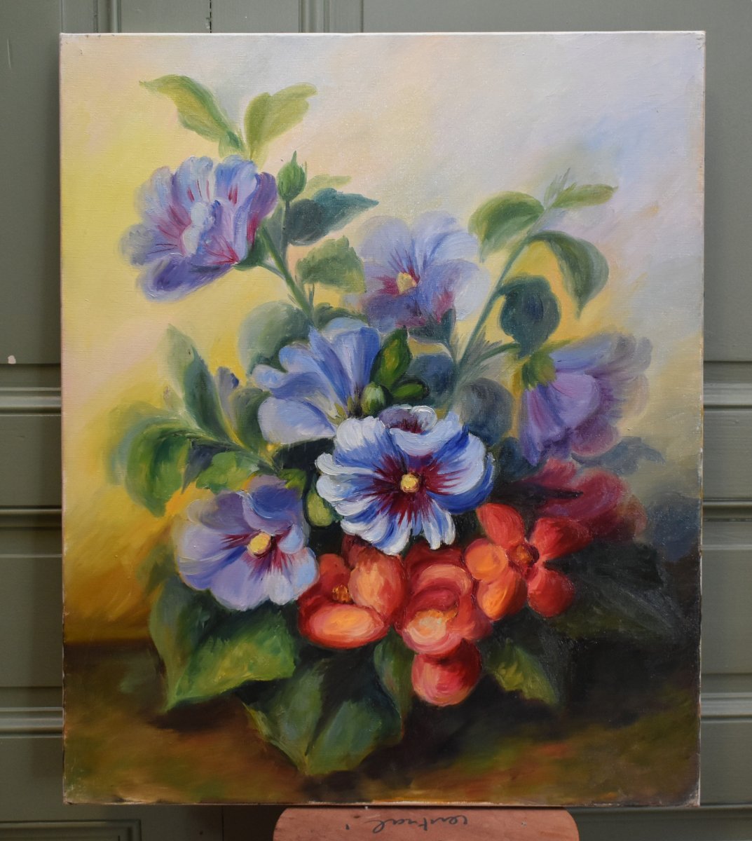 Peinture  bouquet de fleurs diverses, huile sur toile , tableau  nature morte -photo-4