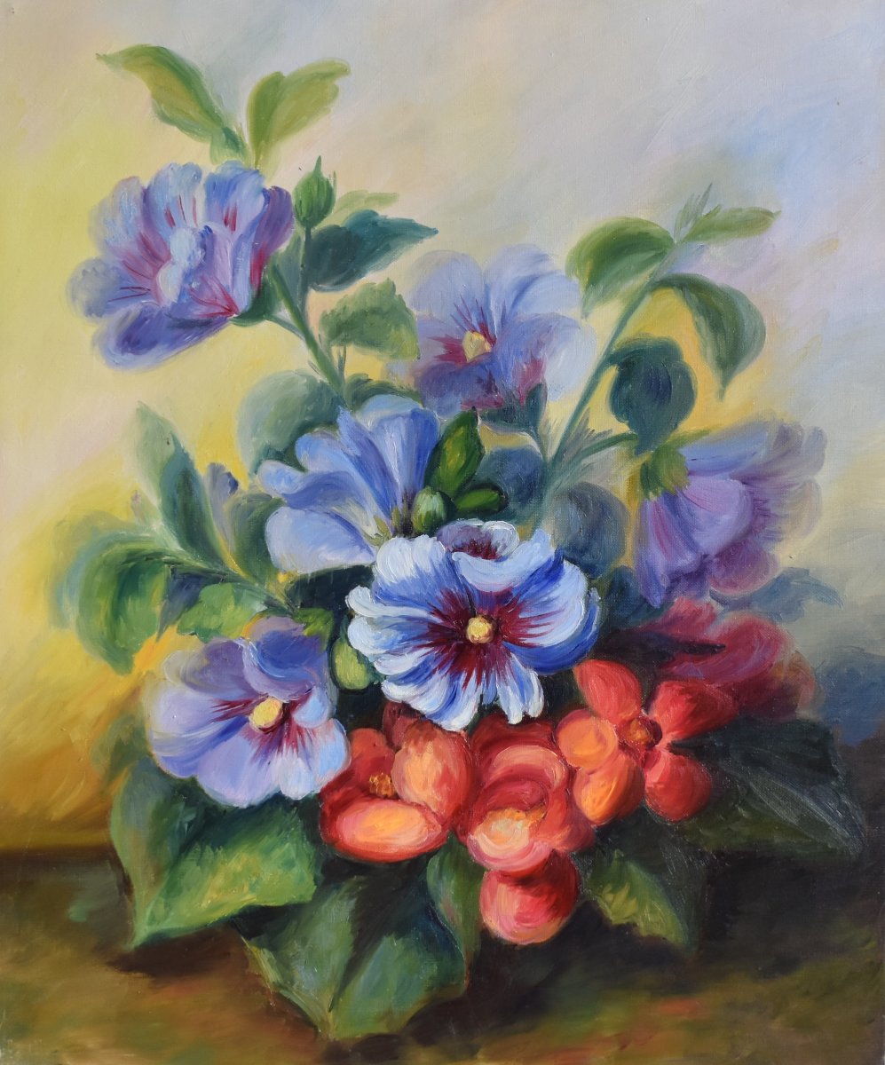 Peinture  bouquet de fleurs diverses, huile sur toile , tableau  nature morte 