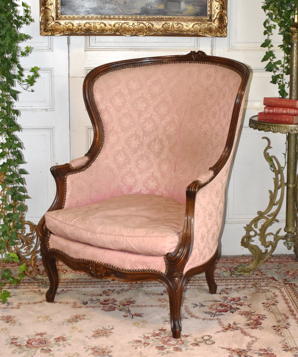 Bergère à haut et large dossier dite en confessionnal  de style Louis XV ,  XIXe -photo-2