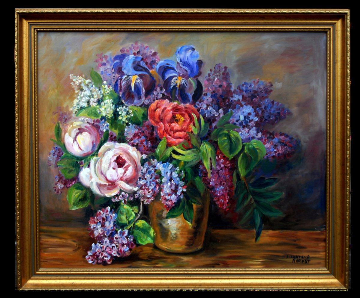 Peinture Bouquet De Fleurs Signé Clavaud. Framed Still Life,