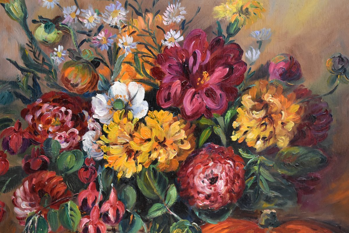 Painting Entitled "still Life With Pumpkin And Flowers" By S. Clavaud-robert, Golden Frame-photo-3