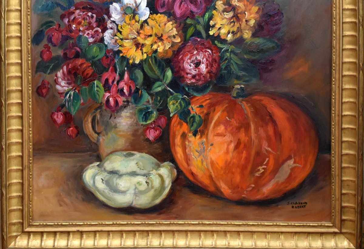 Painting Entitled "still Life With Pumpkin And Flowers" By S. Clavaud-robert, Golden Frame-photo-1
