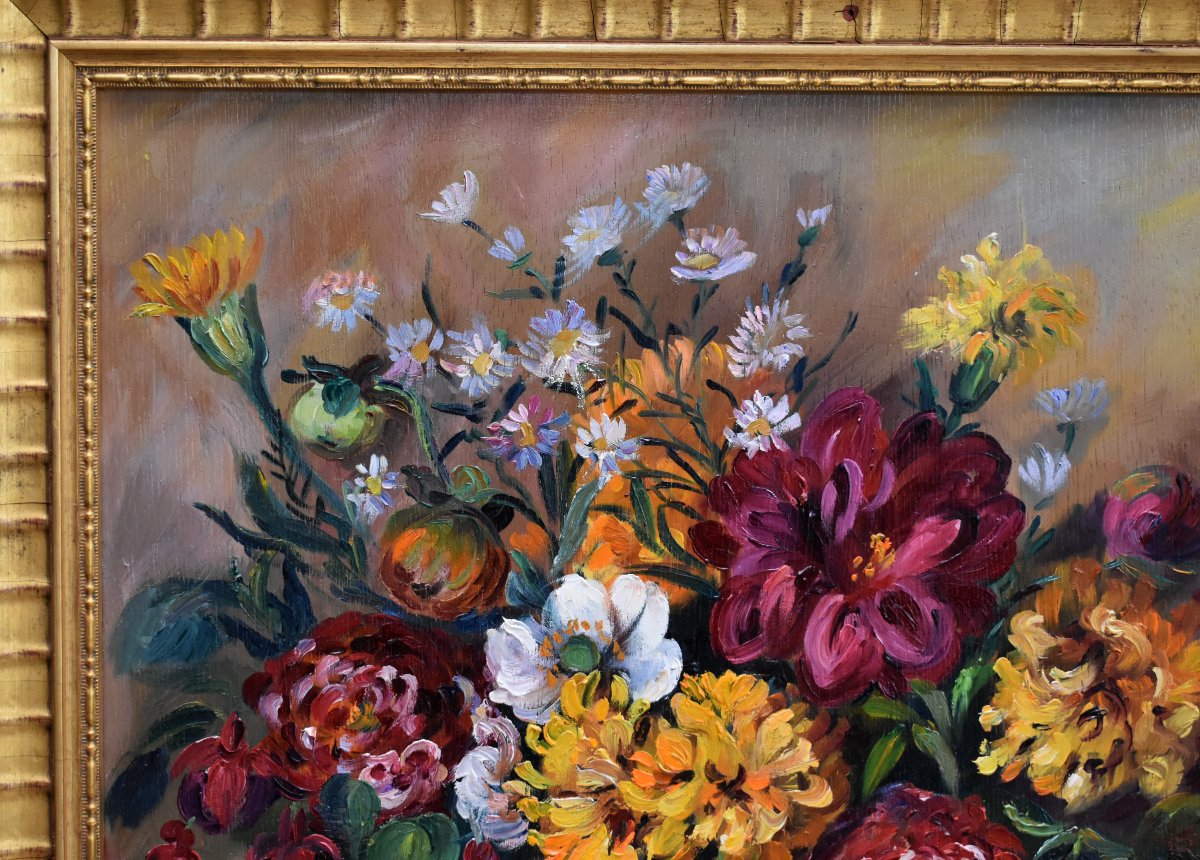 Painting Entitled "still Life With Pumpkin And Flowers" By S. Clavaud-robert, Golden Frame-photo-2