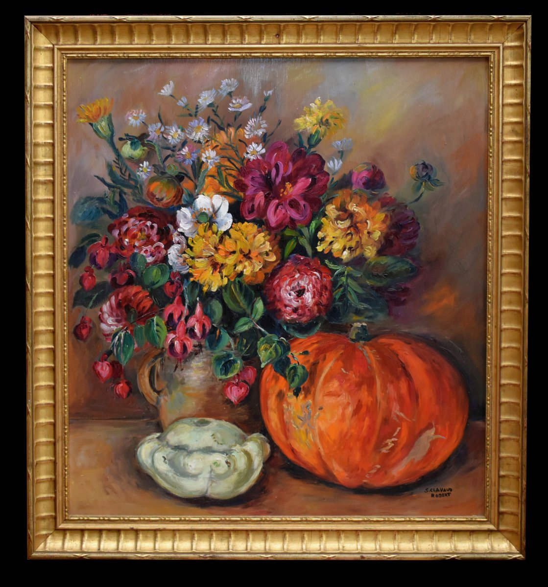 Painting Entitled "still Life With Pumpkin And Flowers" By S. Clavaud-robert, Golden Frame