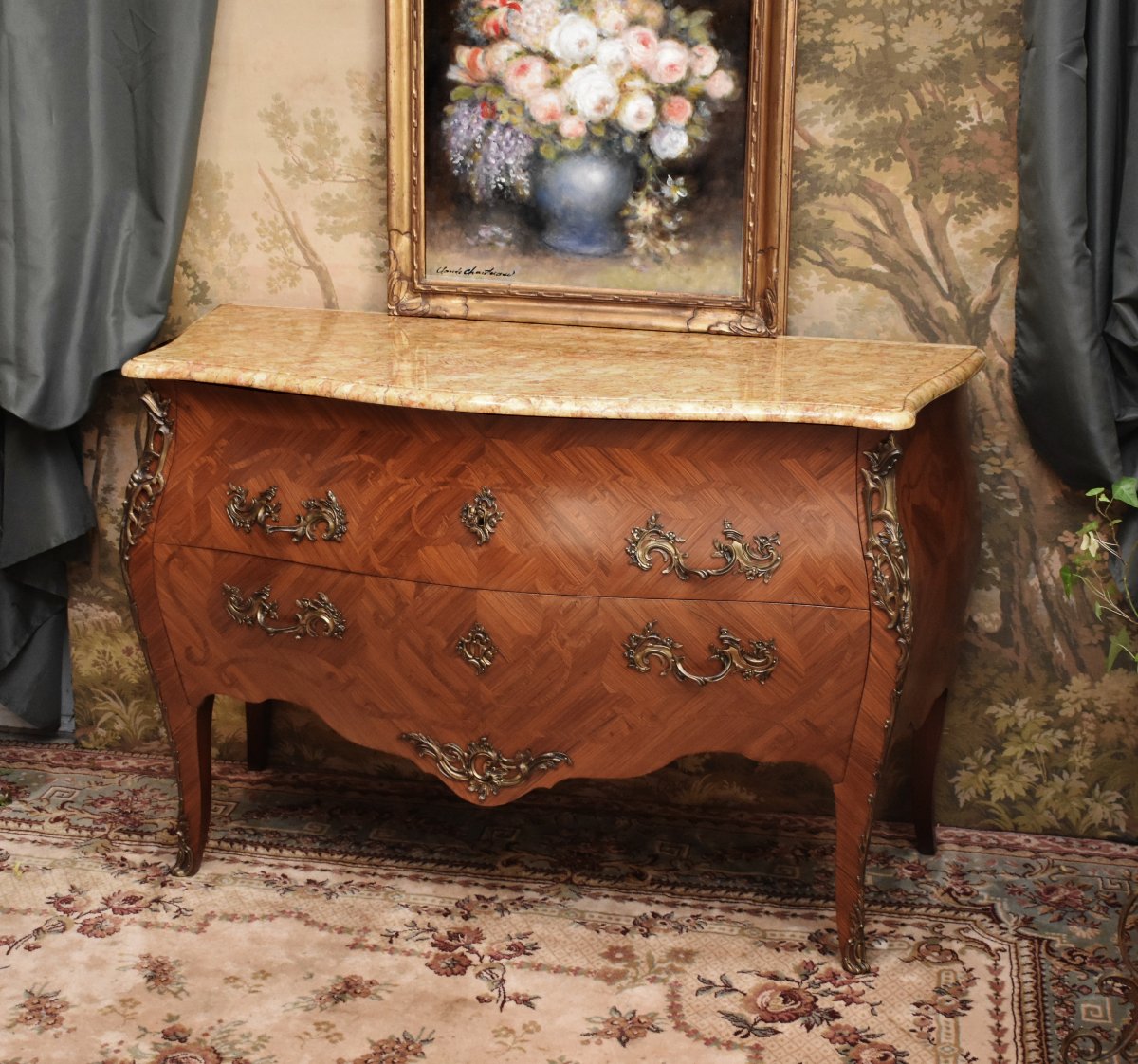 Large Louis XV Style Stamped Marquetry Chest Of Drawers, Early 20th Century, Marble Top, Marquetry-photo-2