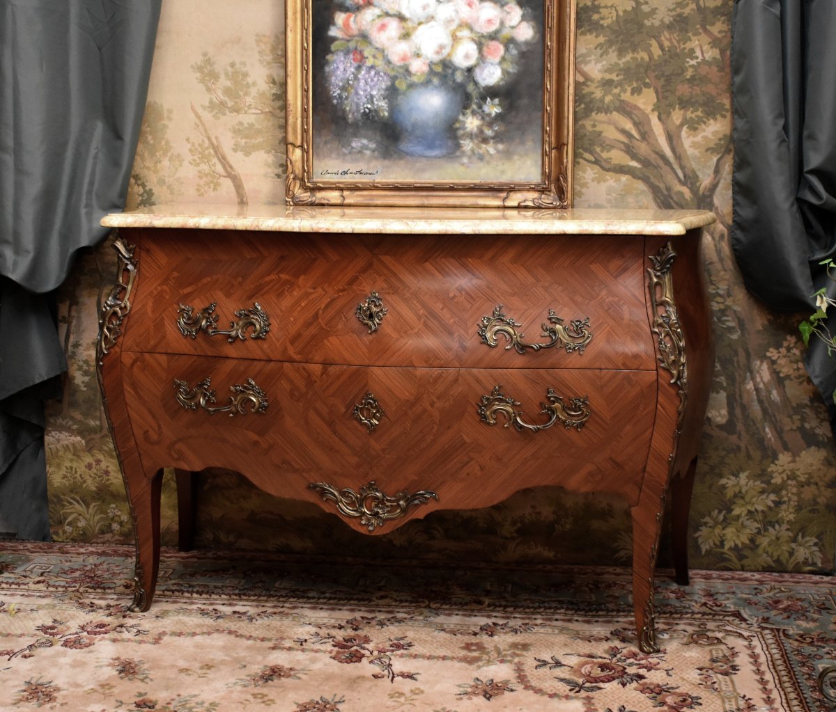 Large Louis XV Style Stamped Marquetry Chest Of Drawers, Early 20th Century, Marble Top, Marquetry-photo-3