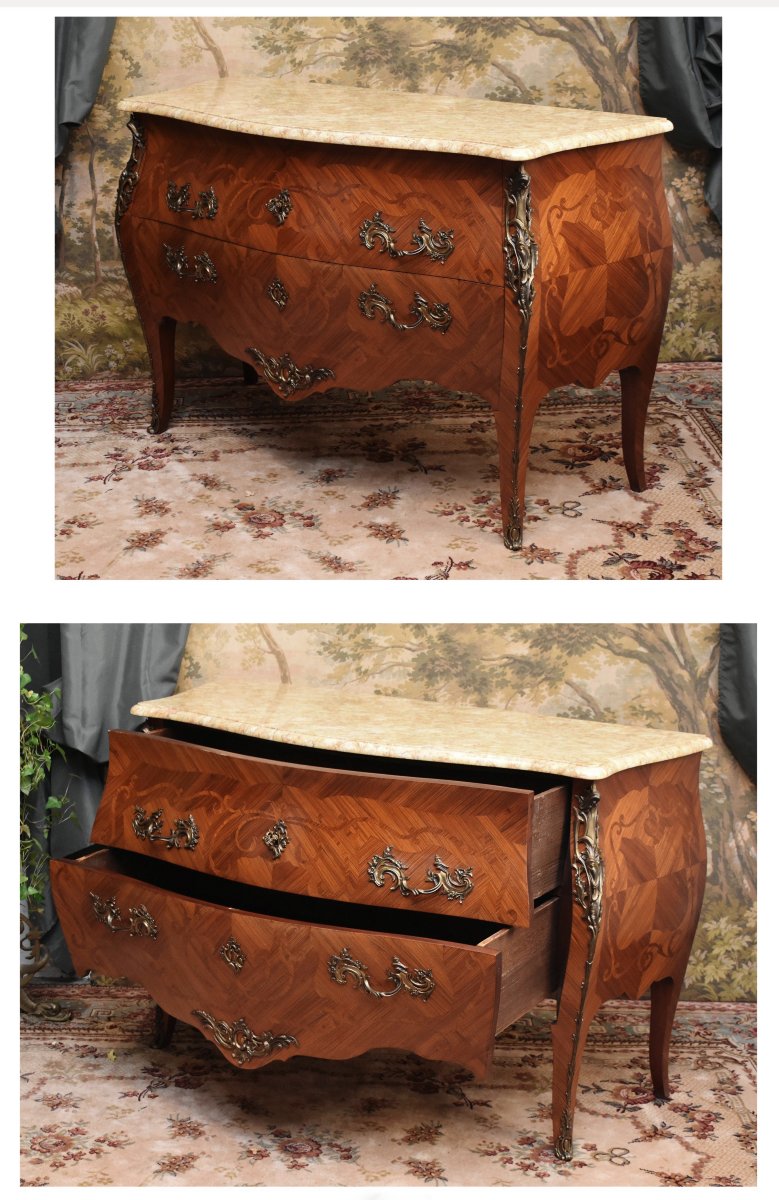 Large Louis XV Style Stamped Marquetry Chest Of Drawers, Early 20th Century, Marble Top, Marquetry-photo-4