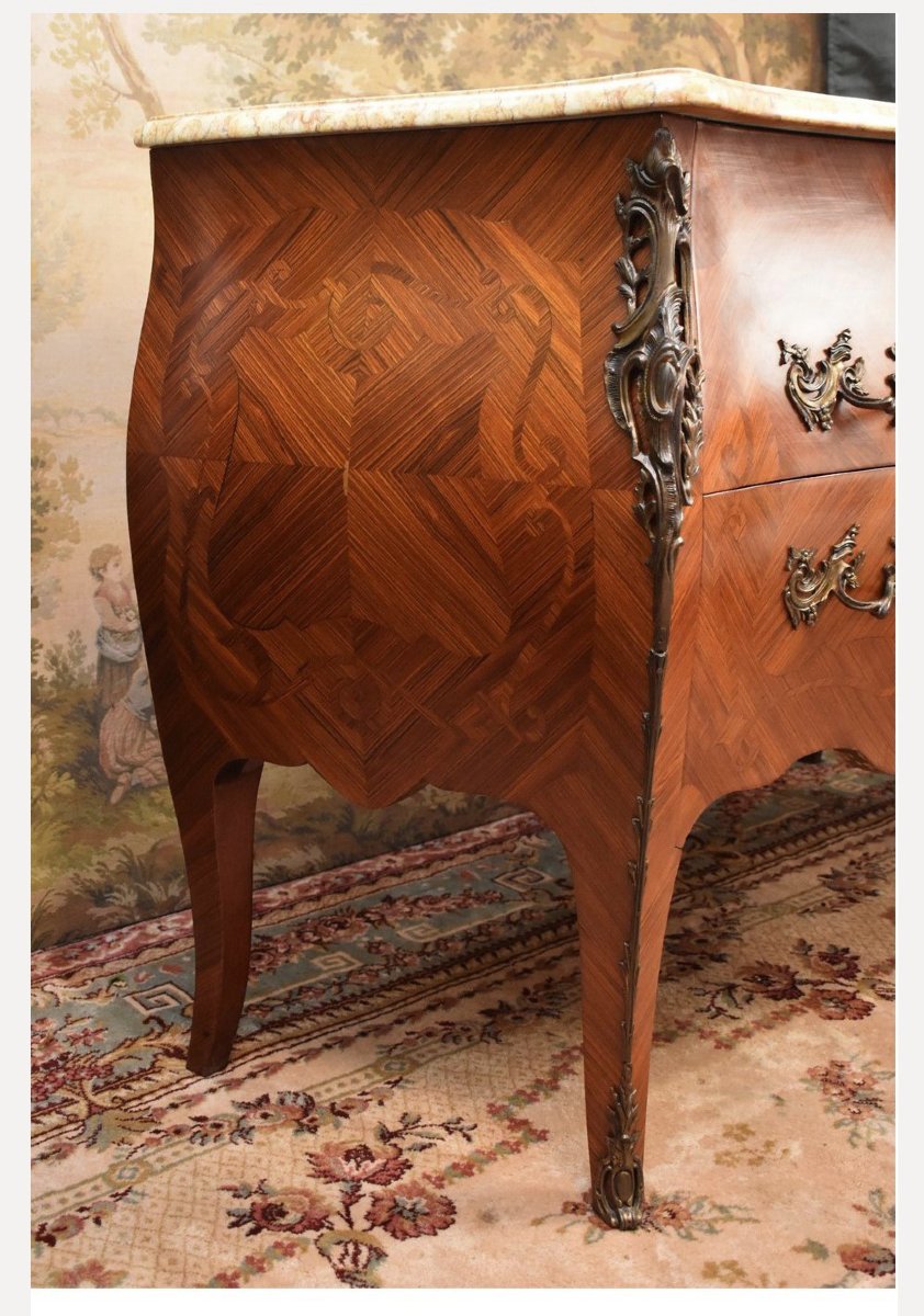 Large Louis XV Style Stamped Marquetry Chest Of Drawers, Early 20th Century, Marble Top, Marquetry-photo-1