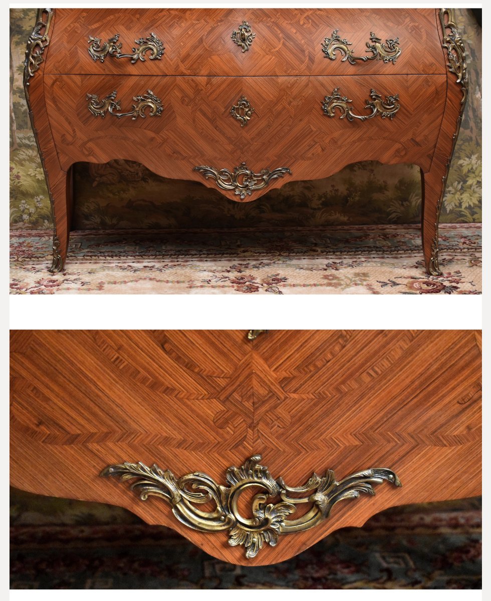 Large Louis XV Style Stamped Marquetry Chest Of Drawers, Early 20th Century, Marble Top, Marquetry-photo-2