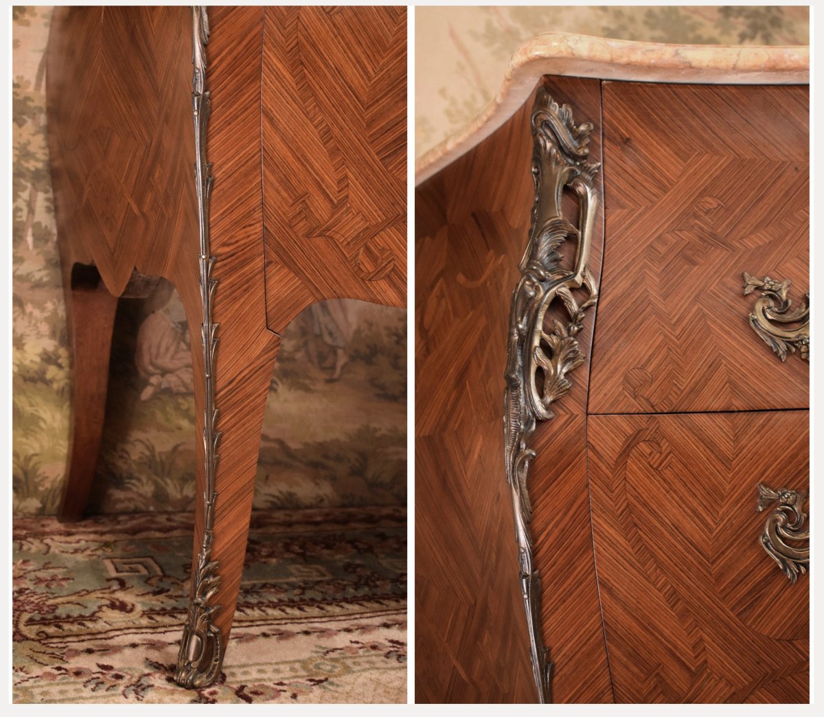 Large Louis XV Style Stamped Marquetry Chest Of Drawers, Early 20th Century, Marble Top, Marquetry-photo-4