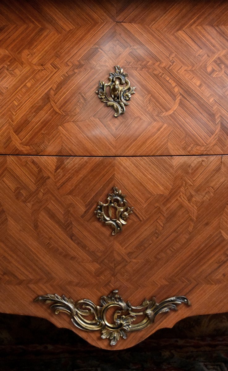 Large Louis XV Style Stamped Marquetry Chest Of Drawers, Early 20th Century, Marble Top, Marquetry-photo-5