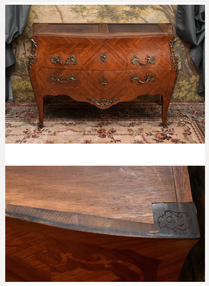 Large Louis XV Style Stamped Marquetry Chest Of Drawers, Early 20th Century, Marble Top, Marquetry-photo-7