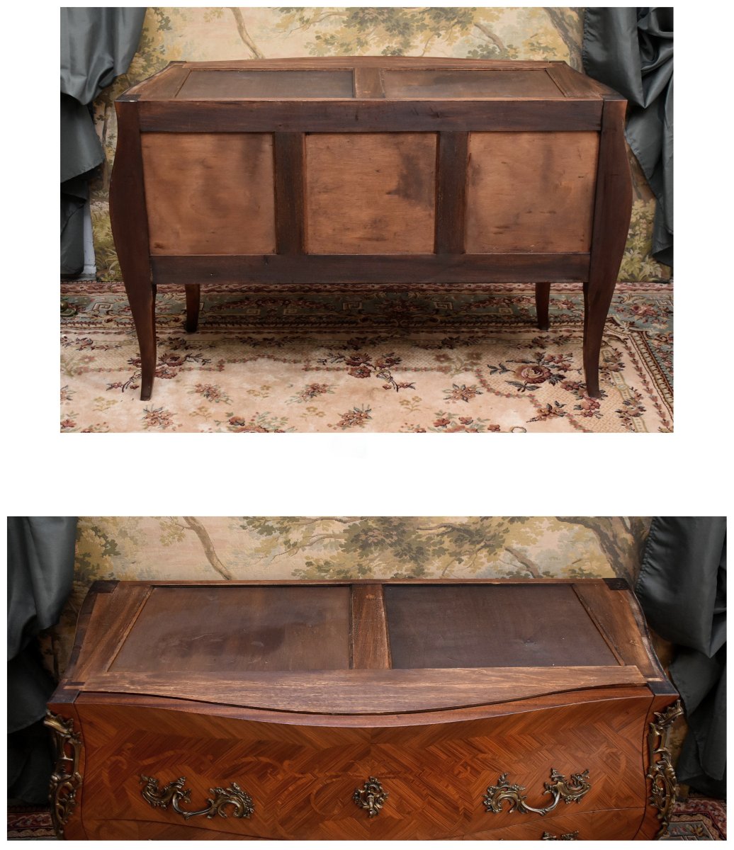 Large Louis XV Style Stamped Marquetry Chest Of Drawers, Early 20th Century, Marble Top, Marquetry-photo-8