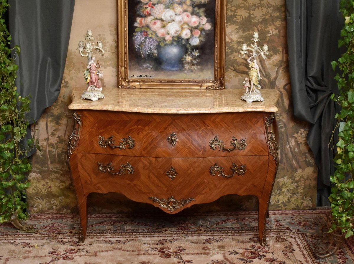 Large Louis XV Style Stamped Marquetry Chest Of Drawers, Early 20th Century, Marble Top, Marquetry