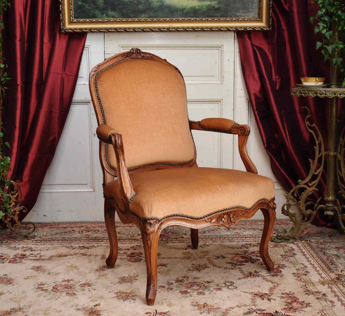 Louis XV Period Large Armchair, Flat Back, 18th Century Velvet Fabric-photo-2
