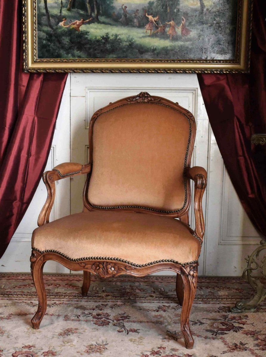 Louis XV Period Large Armchair, Flat Back, 18th Century Velvet Fabric-photo-3