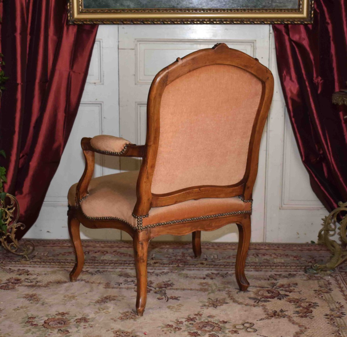 Louis XV Period Large Armchair, Flat Back, 18th Century Velvet Fabric-photo-4