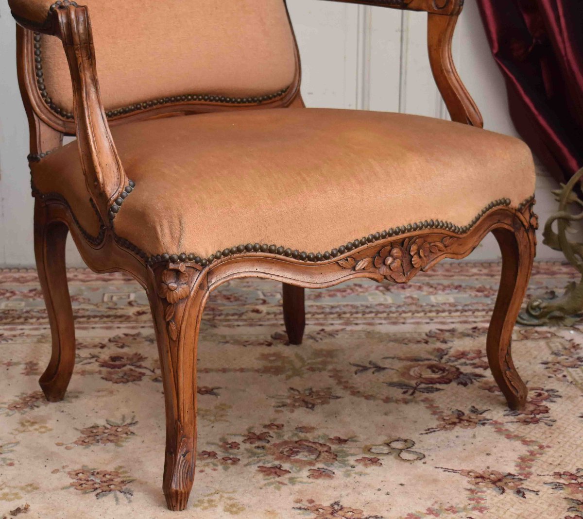 Louis XV Period Large Armchair, Flat Back, 18th Century Velvet Fabric-photo-1