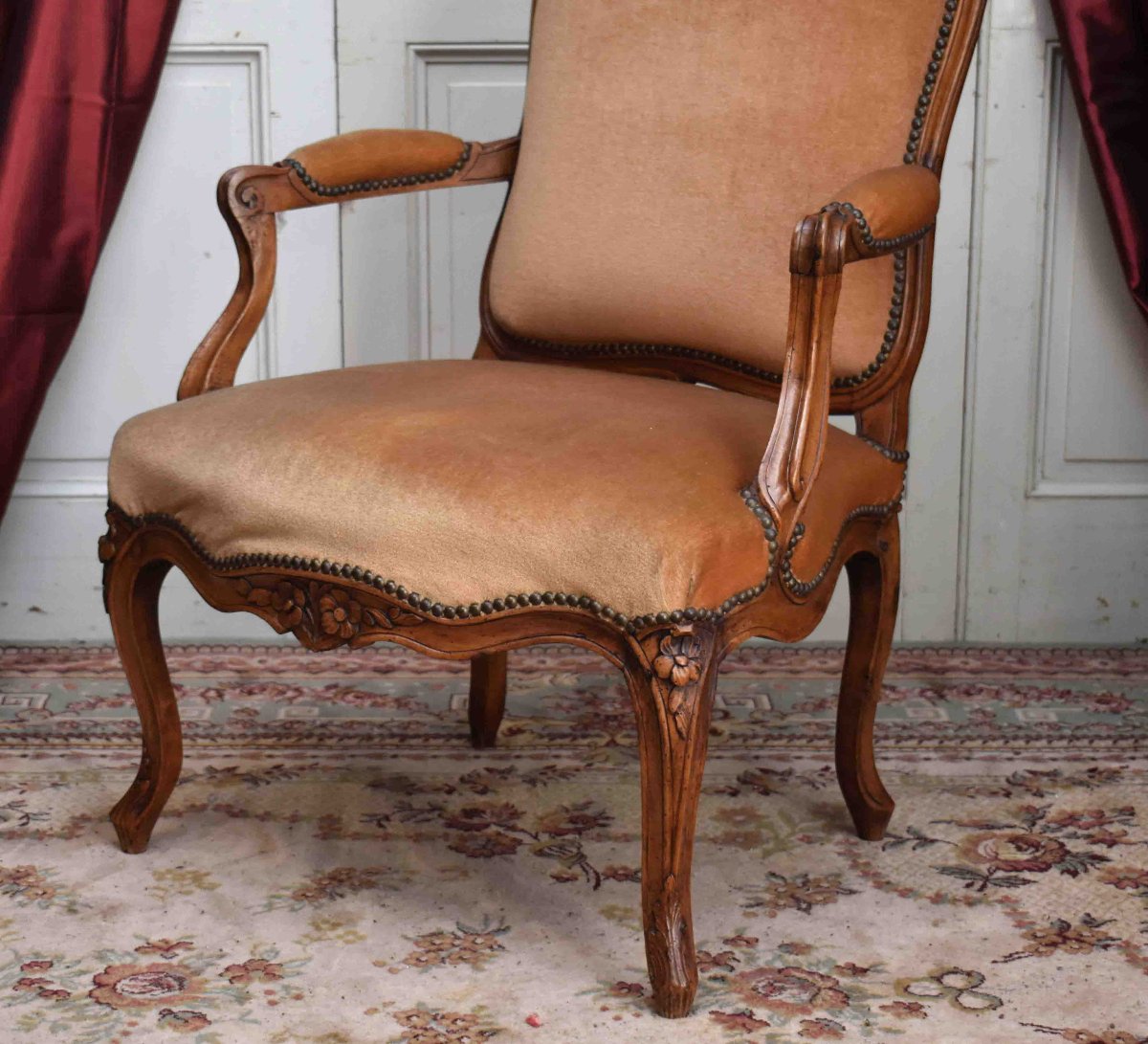 Louis XV Period Large Armchair, Flat Back, 18th Century Velvet Fabric-photo-2