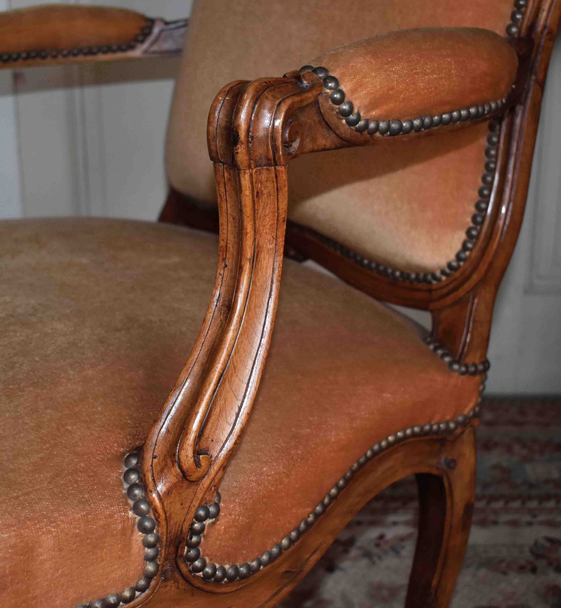 Louis XV Period Large Armchair, Flat Back, 18th Century Velvet Fabric-photo-3
