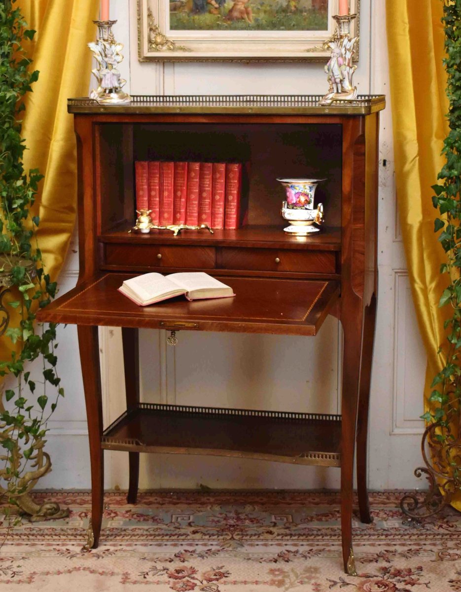 Secrétaire De Dame, Bureau Abatant En Marqueterie , Meuble d'Appointment Marqueté, Style Louis XV-photo-3