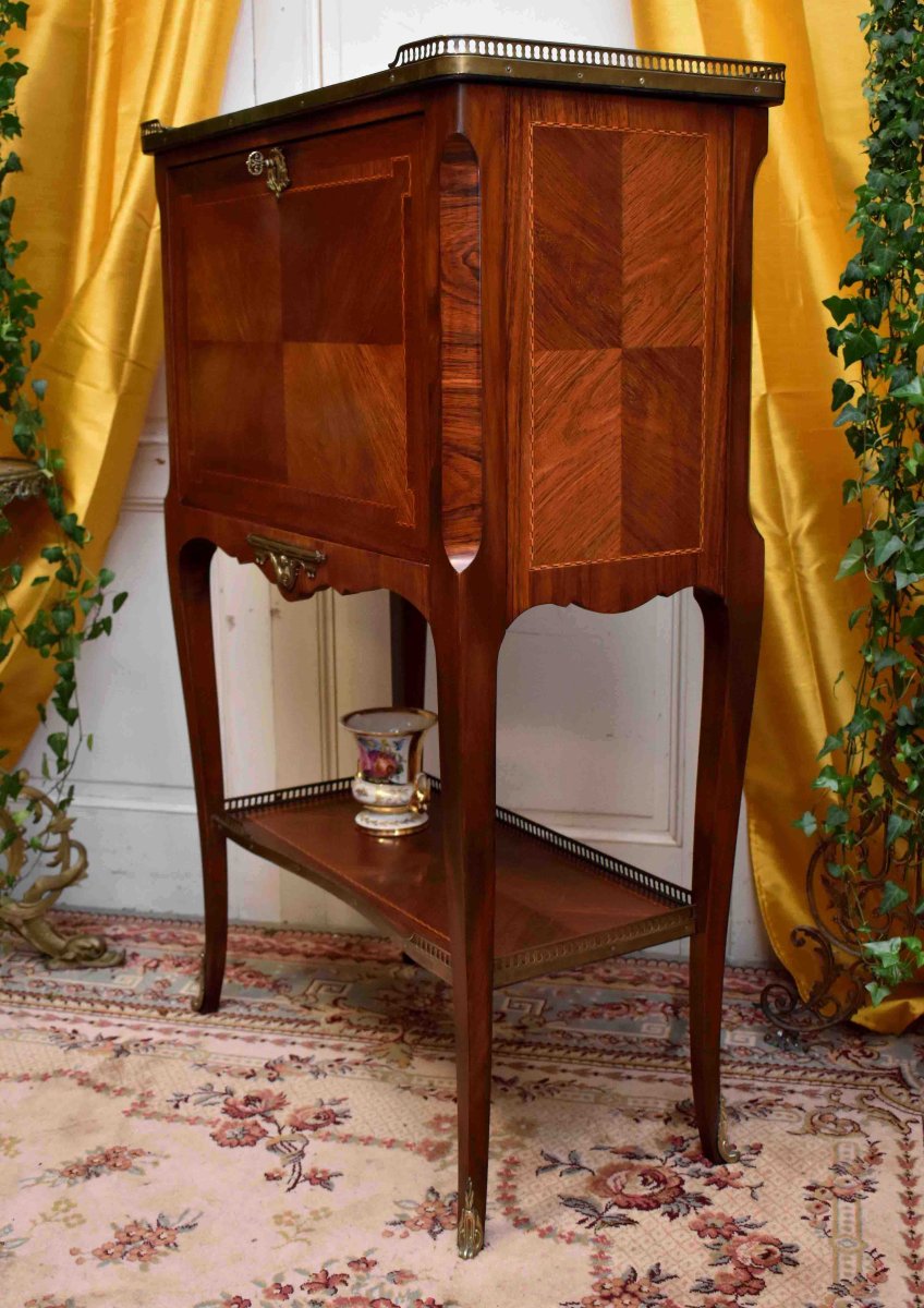 Secrétaire De Dame, Bureau Abatant En Marqueterie , Meuble d'Appointment Marqueté, Style Louis XV-photo-1