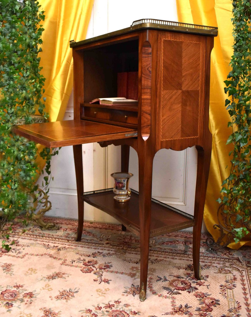 Secrétaire De Dame, Bureau Abatant En Marqueterie , Meuble d'Appointment Marqueté, Style Louis XV-photo-2