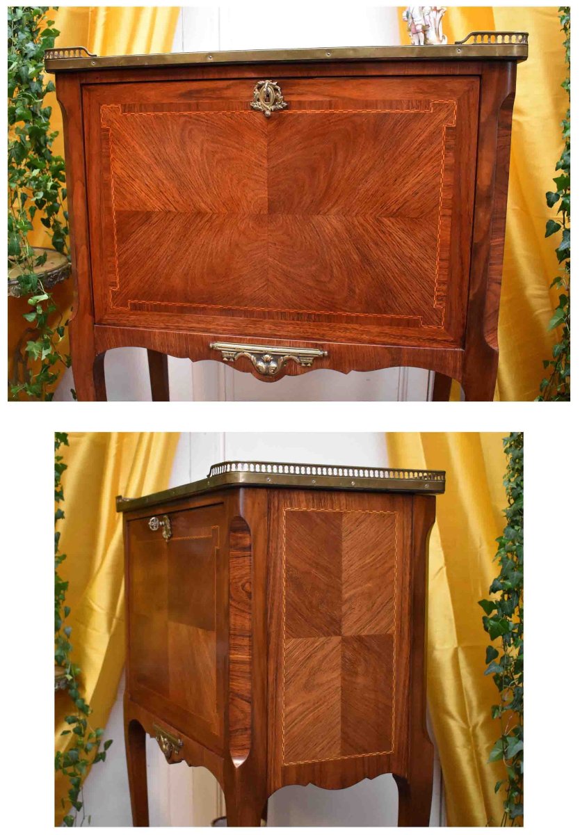 Secrétaire De Dame, Bureau Abatant En Marqueterie , Meuble d'Appointment Marqueté, Style Louis XV-photo-3