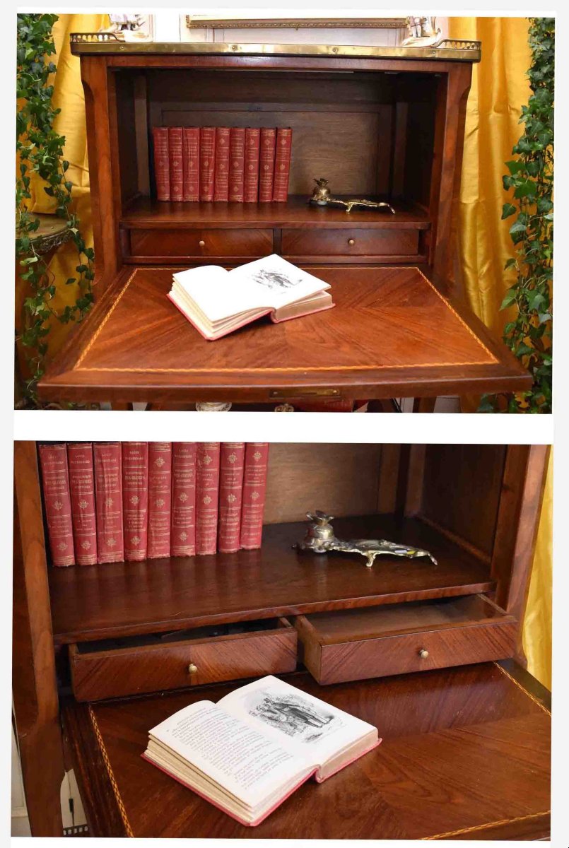Secrétaire De Dame, Bureau Abatant En Marqueterie , Meuble d'Appointment Marqueté, Style Louis XV-photo-4