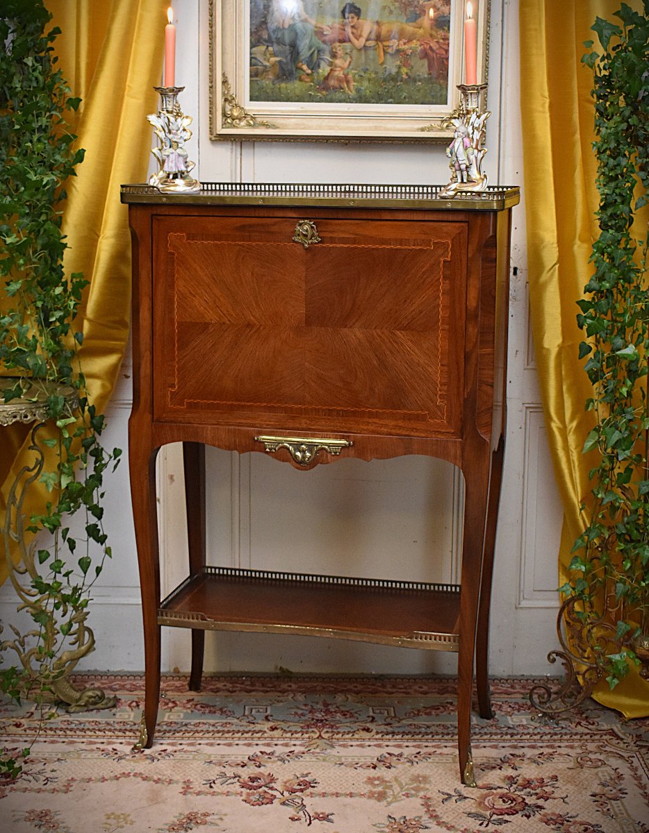 Secrétaire De Dame, Bureau Abatant En Marqueterie , Meuble d'Appointment Marqueté, Style Louis XV