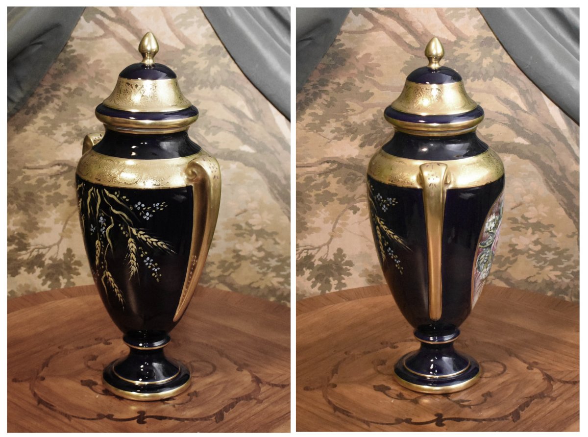 Grand Vase ,  pot couvert En Porcelaine De Limoges, Bleu De Four , incrustation or , S .Clavaud-photo-1