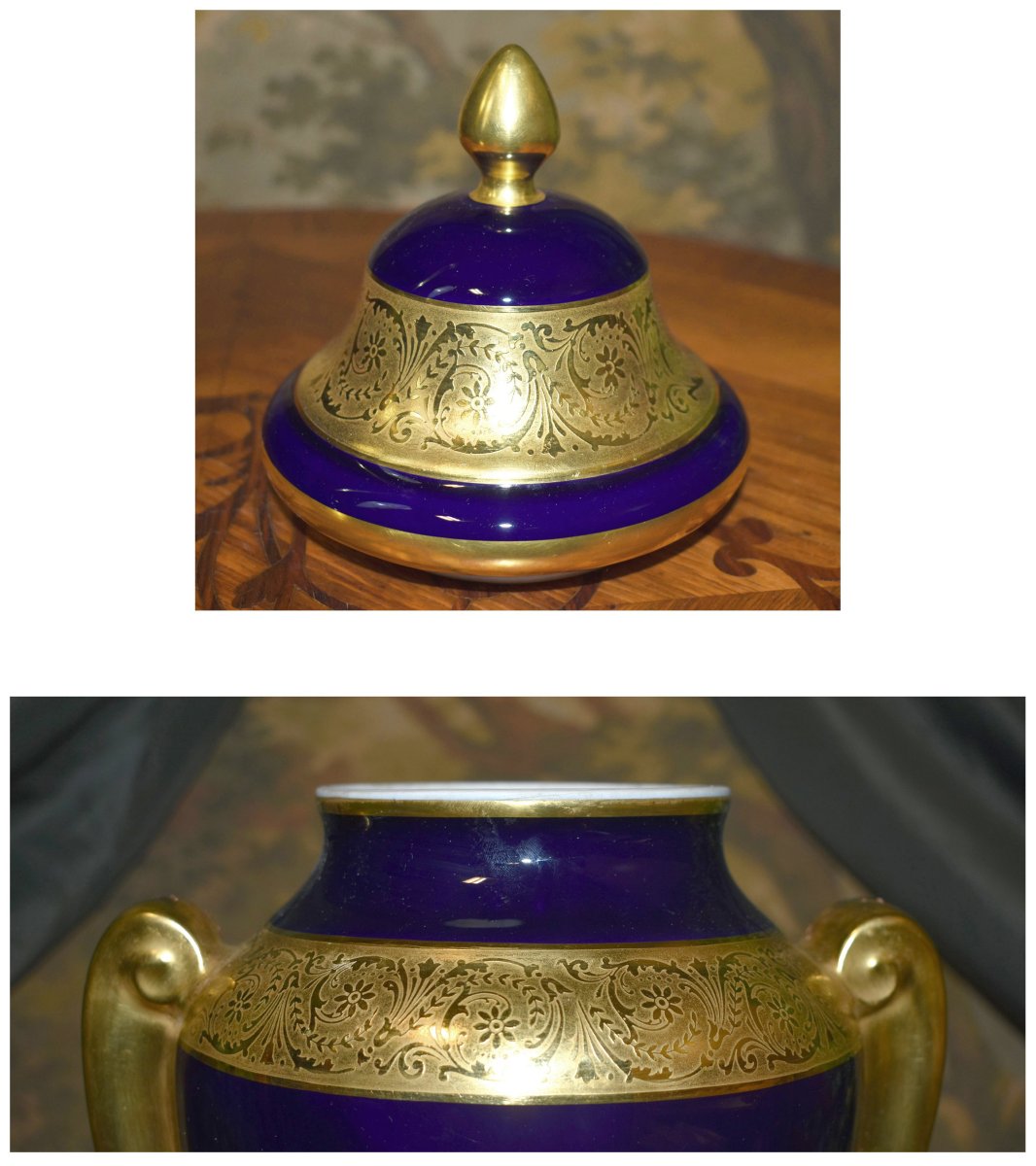 Grand Vase ,  pot couvert En Porcelaine De Limoges, Bleu De Four , incrustation or , S .Clavaud-photo-5