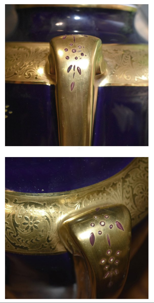 Grand Vase ,  pot couvert En Porcelaine De Limoges, Bleu De Four , incrustation or , S .Clavaud-photo-6
