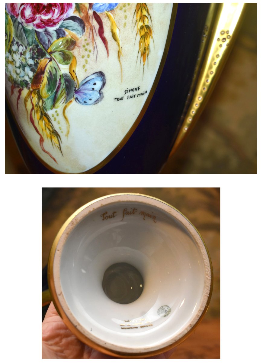 Grand Vase ,  pot couvert En Porcelaine De Limoges, Bleu De Four , incrustation or , S .Clavaud-photo-8