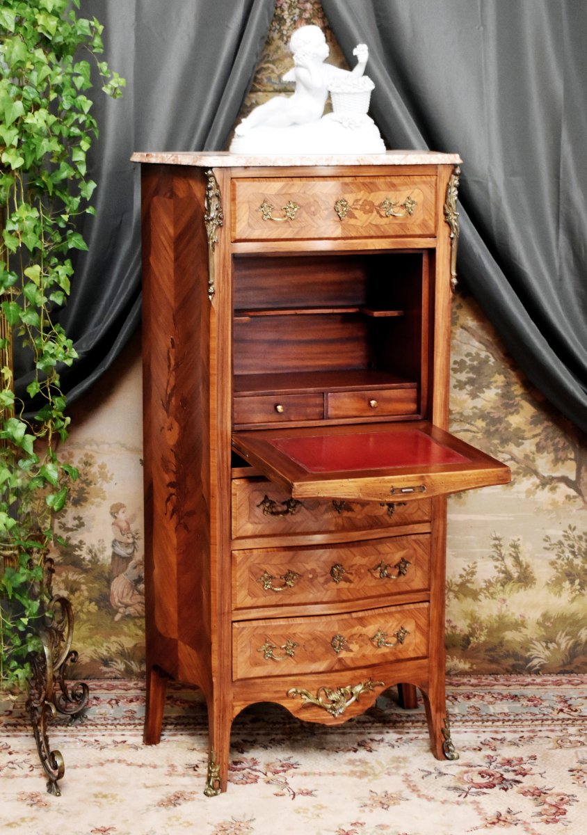 Louis XV - Louis XVI Transition Style Secretary In Precious Wood Marquetry-photo-2